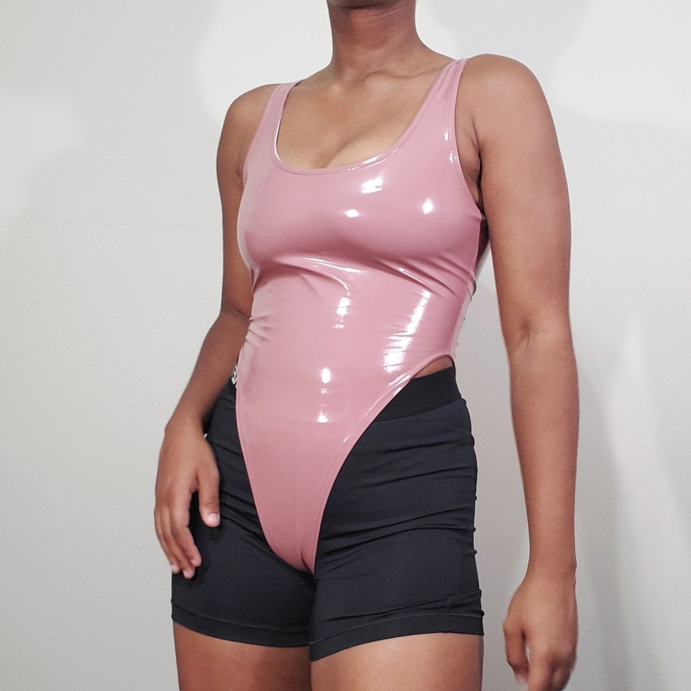 Mauve pink faux latex vinyl high rise bodysuit